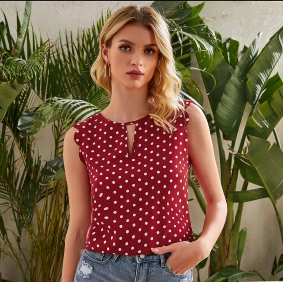 RED AND WHITE POLKA DOT KEYHOLE SLEEVELESS BLOUSE - Picture 2 of 5